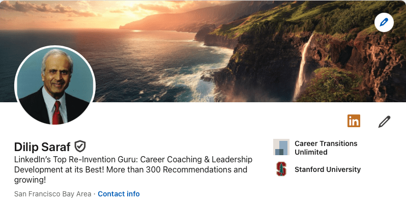 Professional profile of Dilip Saraf, a career coach, set against a scenic coastal landscape featuring a waterfall.