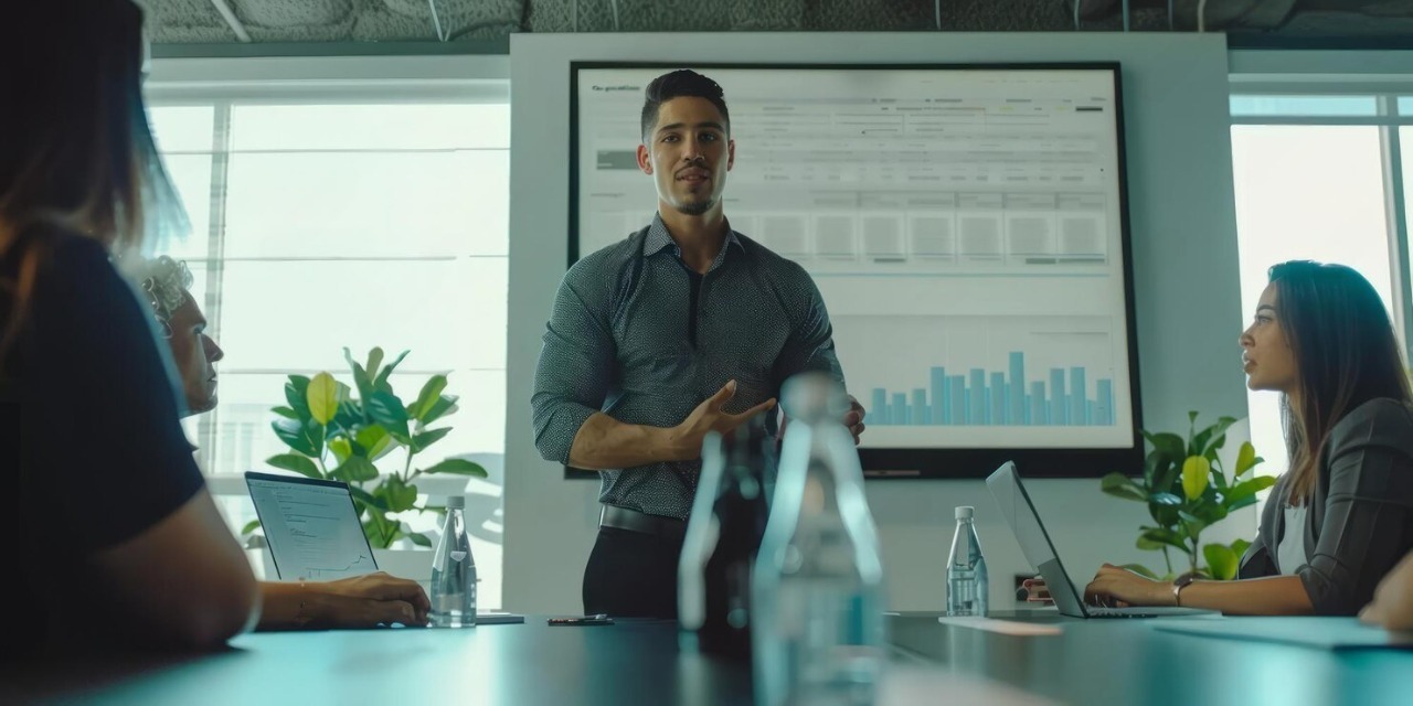 A man presents data during a business meeting, standing in front of a screen displaying charts, while colleagues attentively listen.